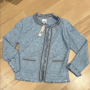 NIC+ZOE women’s Light Blue Tweed Open-Front Jacket with Stripe Trim